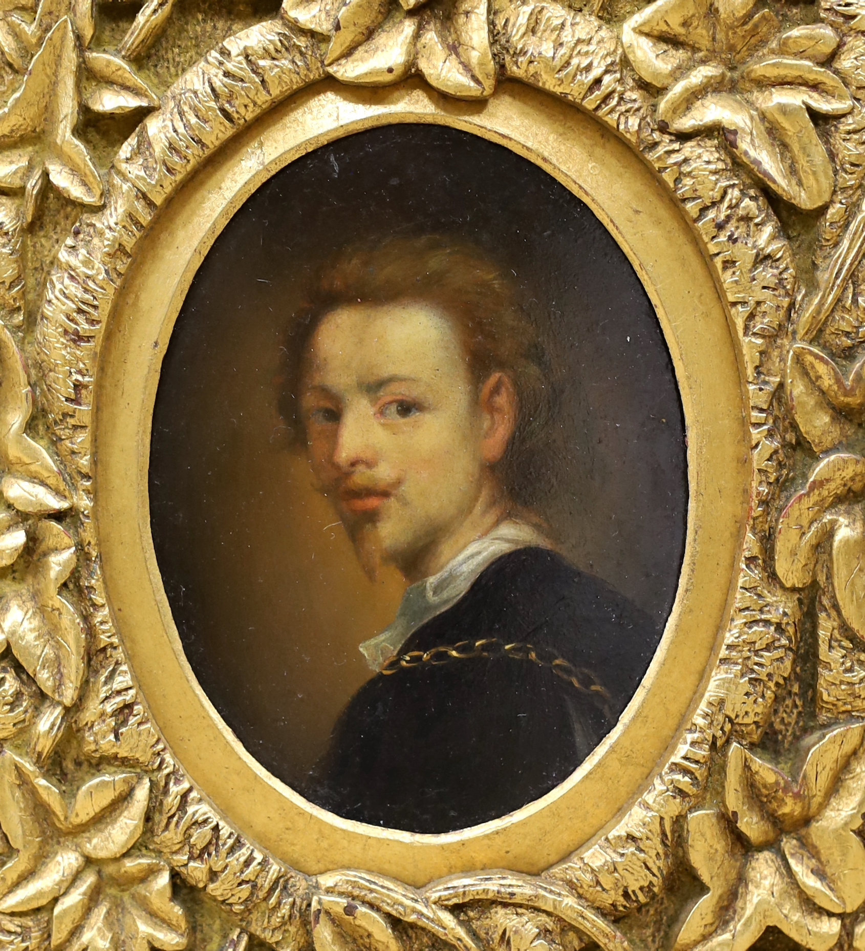 19th century Dutch school, one after Sir Anthony Van Dyck (1599-1641), pair of oils on board, Portraits, 13 x 10cm, oval, ornate gilt framed